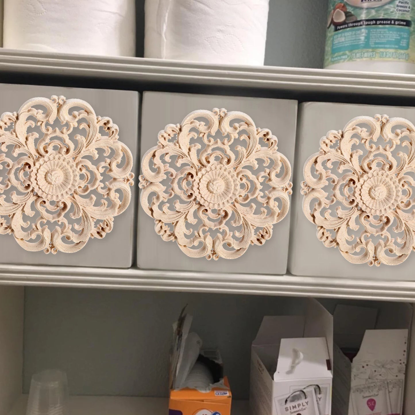 10cm Round Flower Wood Carving Decal Unpainted Disc Onlay Decor Door Furniture Symmetrical European Court Exquisite Single-sided