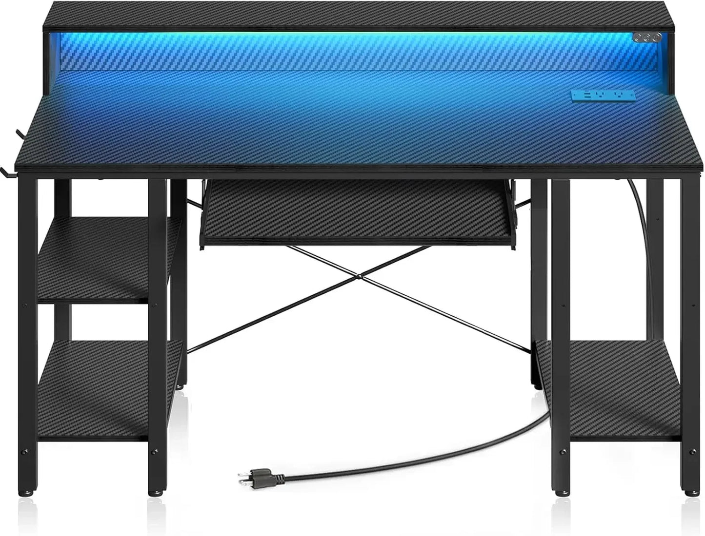 For Computer Desk with LED Lights & Power Outlets, 54” Gaming Desk with Storage Shelves, Home Office Desk with Keyboard Tray