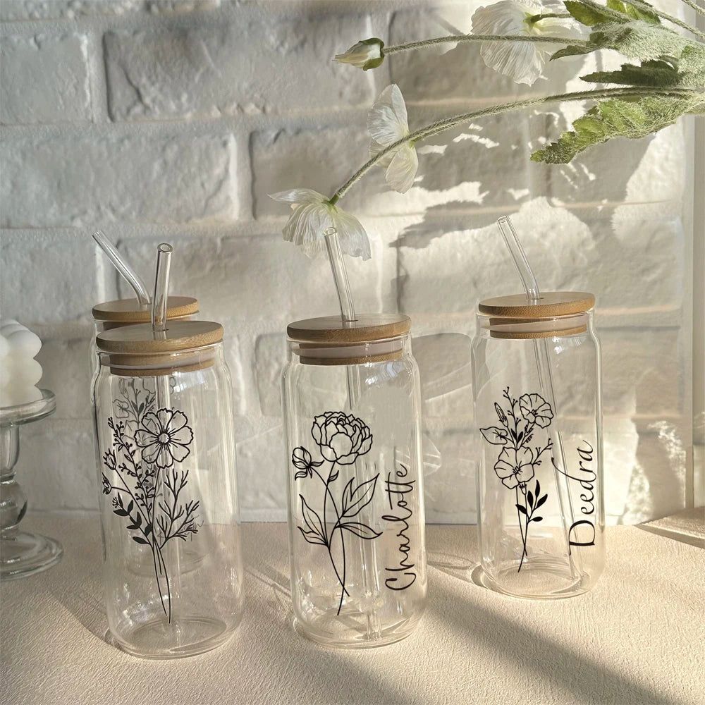 Personalized Wedding Gift Birth Flower Water Bottle Custom Can Glass with Lid and Straw Bridesmaid Proposal Gifts Mother's Day