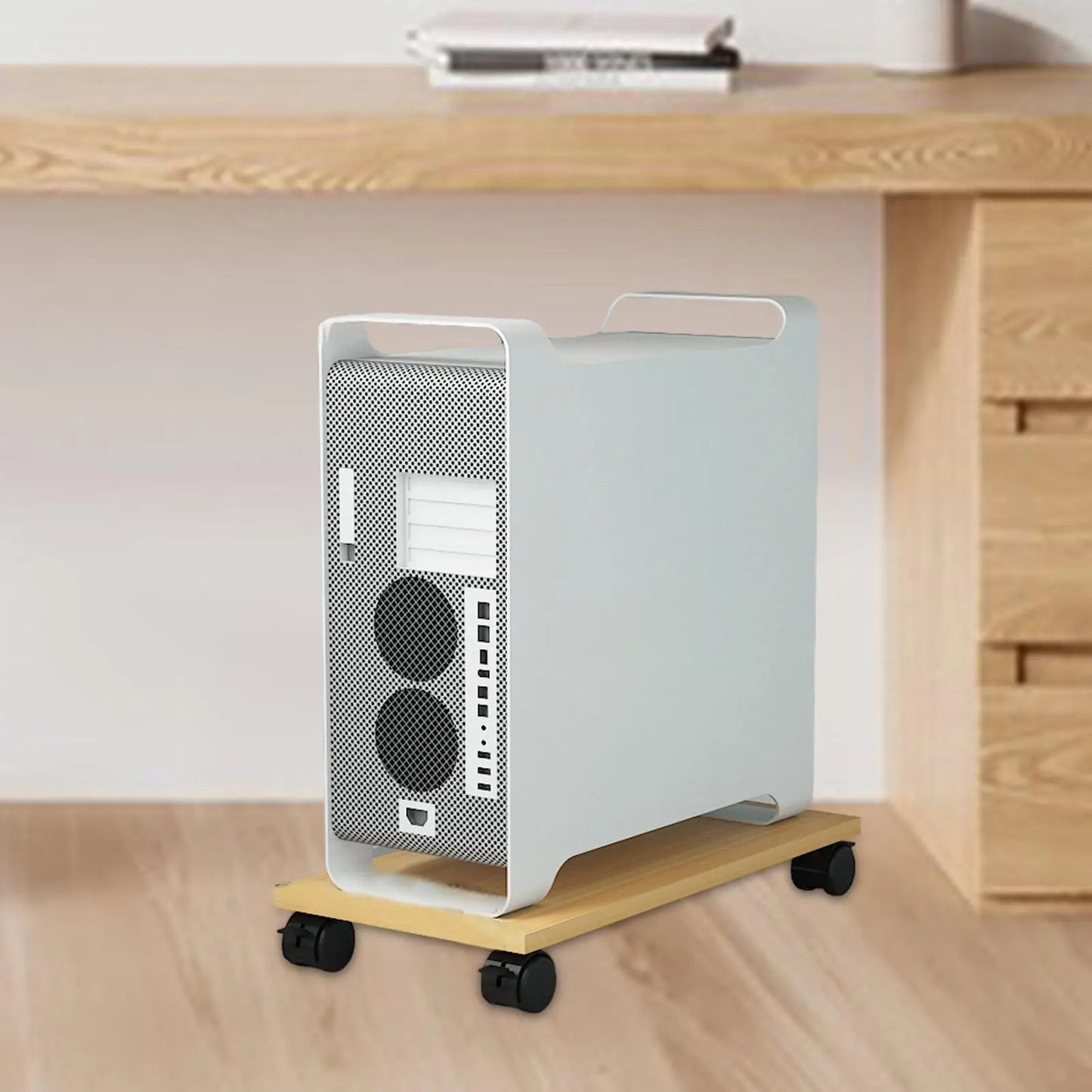 Desktop CPU Wooden Rolling Stand with 4 Caster Wheels Practical Sturdy Portable PC Stand Computer Case Stand for Desktop Tower