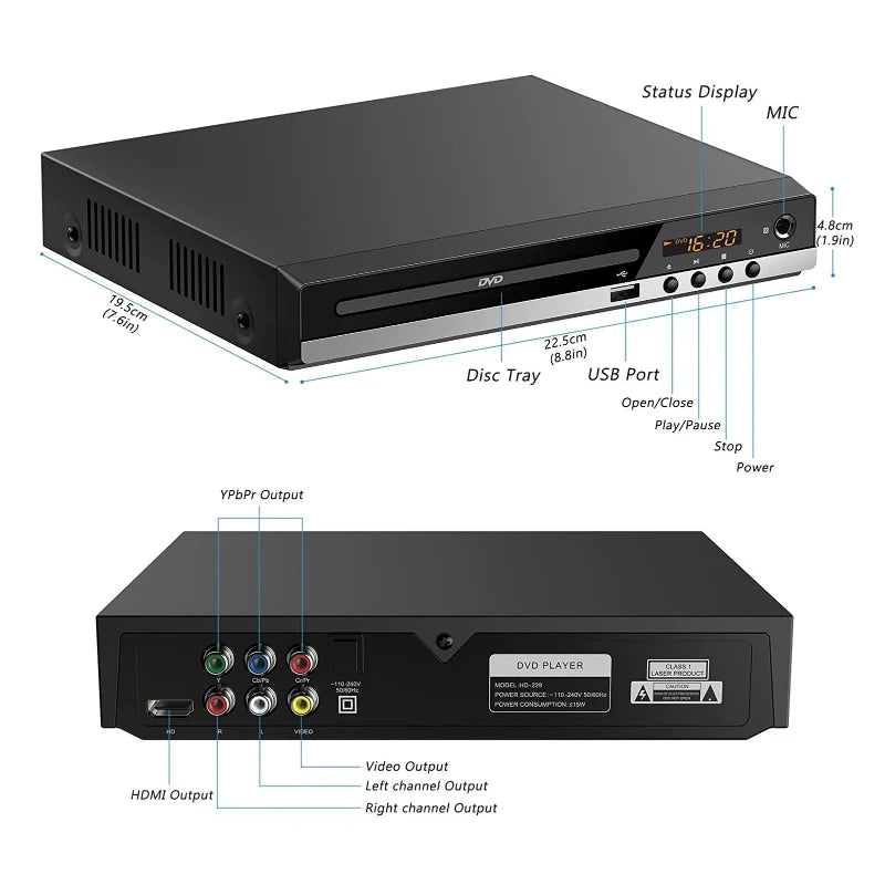 Full HD DVD Player + Remote Control 1080P High Definition CD/ EVD/ VCD Player with AV HDMI Output Microphone USB for Home TV KTV