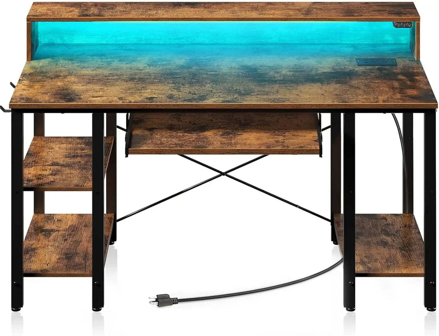 For Computer Desk with LED Lights & Power Outlets, 54” Gaming Desk with Storage Shelves, Home Office Desk with Keyboard Tray