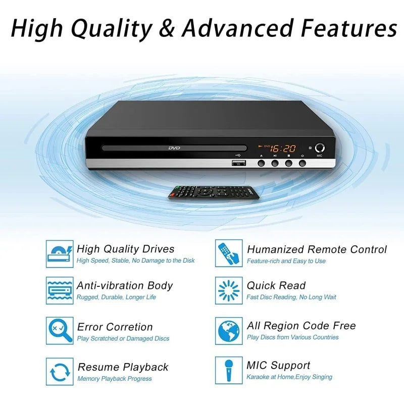 Full HD DVD Player + Remote Control 1080P High Definition CD/ EVD/ VCD Player with AV HDMI Output Microphone USB for Home TV KTV