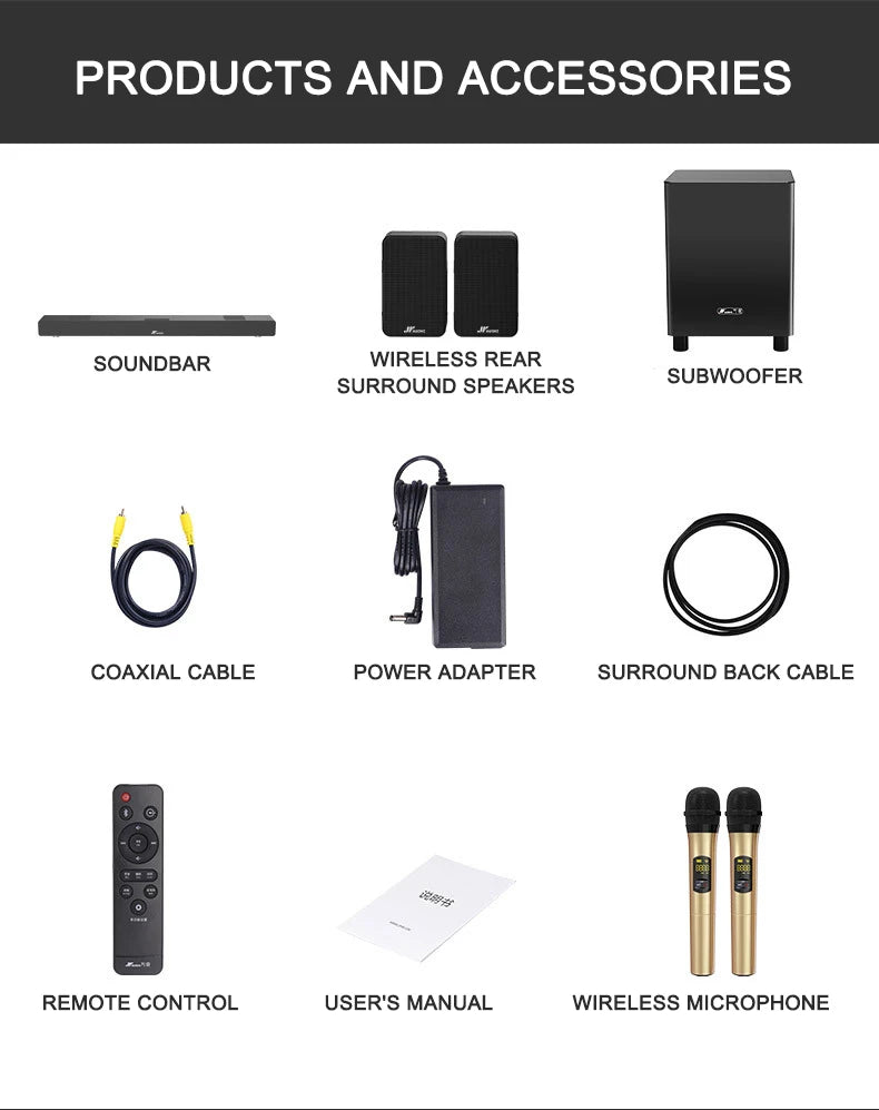 Home Theater System 7.2 Surround Sound Wireless Soundbar with Wireless Subwoofer and Remote Control
