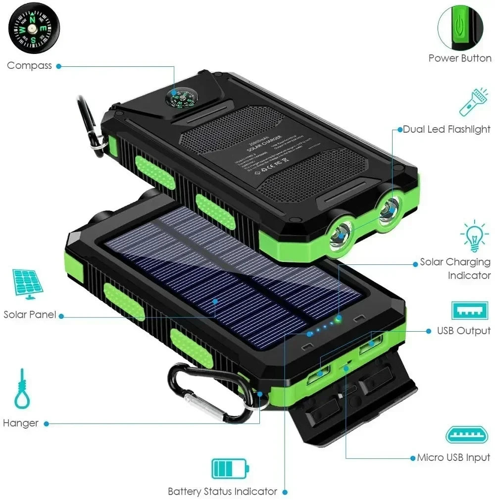 Solar Power Bank 30000mAh Portable Charging Poverbank External Battery Charger Strong Light LDE Light for huawei iphone xiaomi