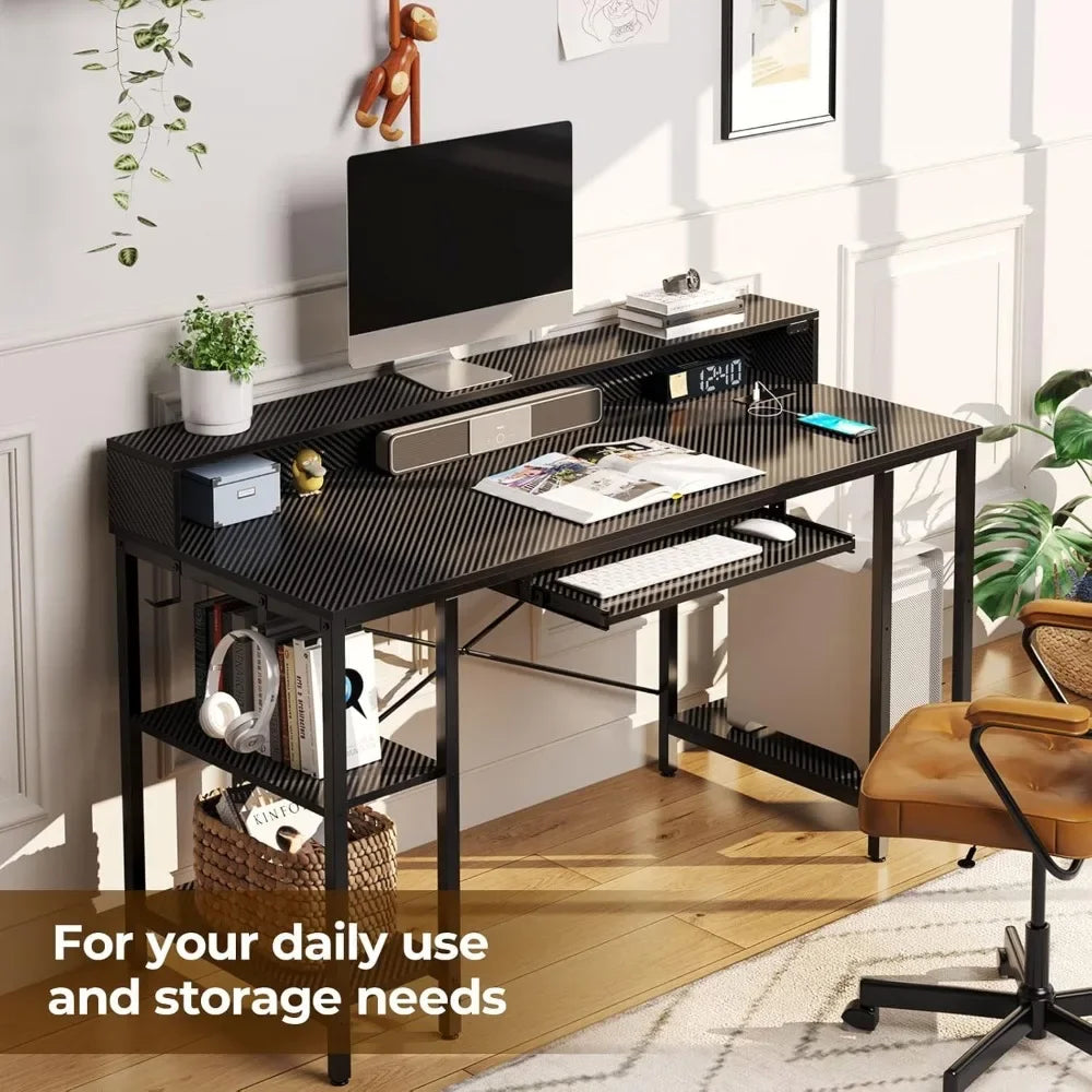 For Computer Desk with LED Lights & Power Outlets, 54” Gaming Desk with Storage Shelves, Home Office Desk with Keyboard Tray