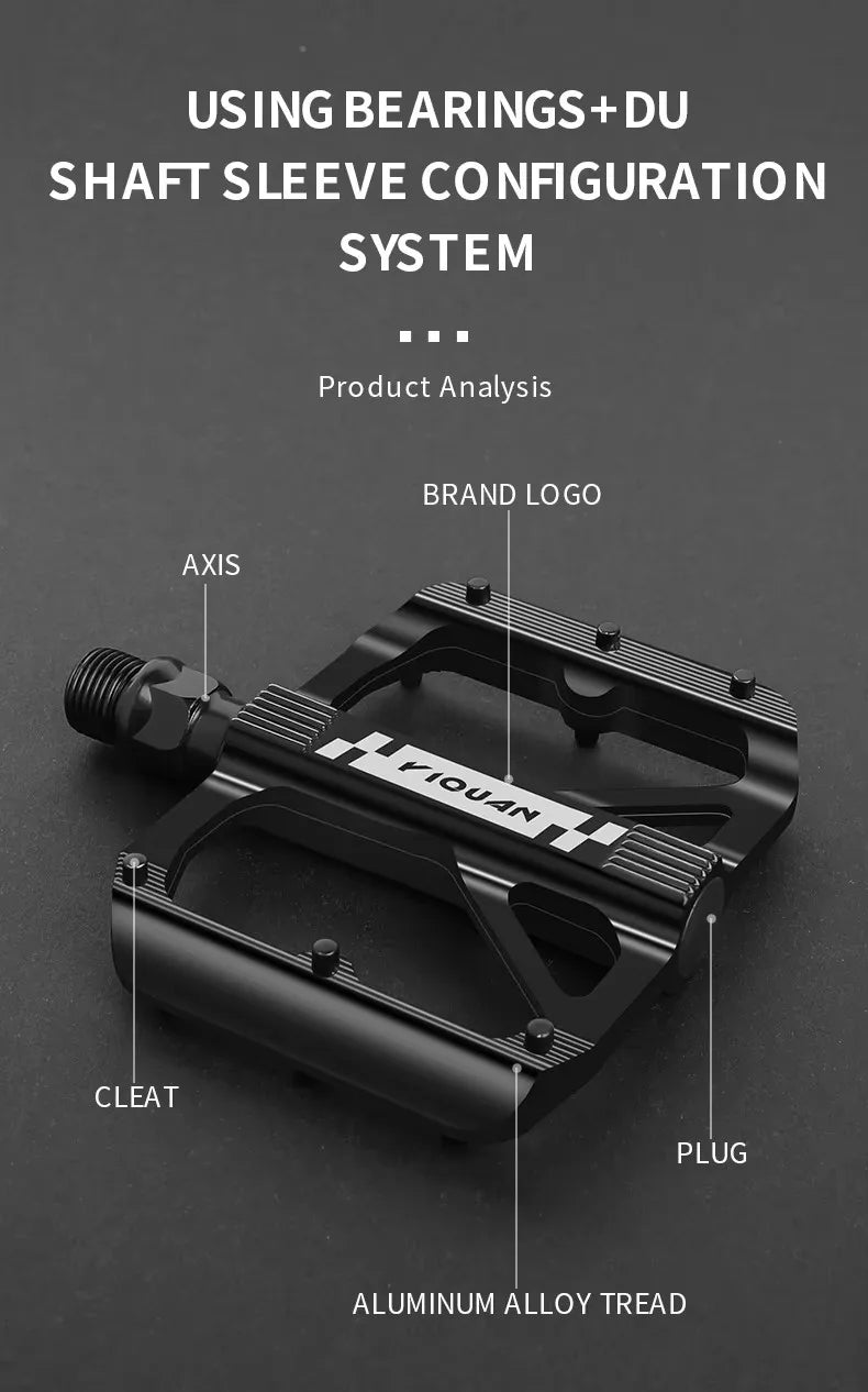 YIQUAN Bike Pedals: Chromoly Spindle + Boron Steel Axle, Dual DU Bearings, 9.5x10.7cm Non-Slip Platform w/12 Pins(283g/Pair)