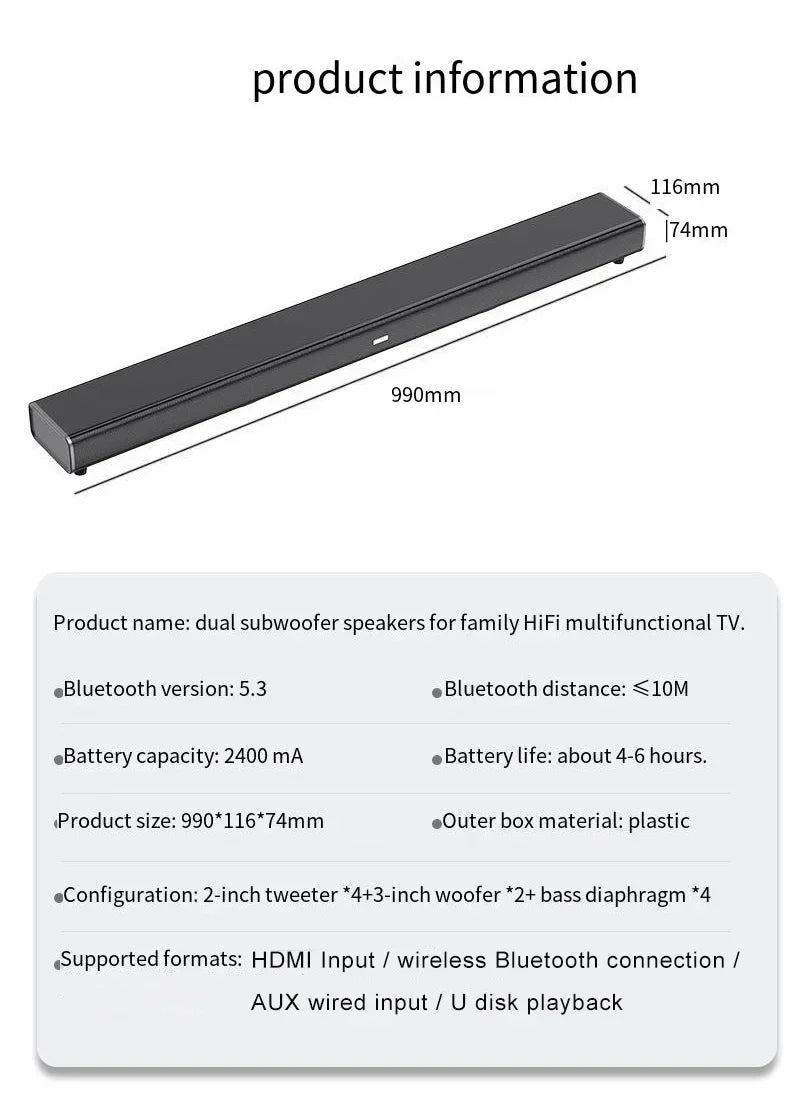 Home Theater Echo Wall TV Speaker 99cm Long With Dual Bass Speaker Cinema Bluetooth Speaker Multifunctional 9D Surround Speaker