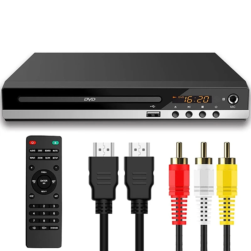 Full HD DVD Player + Remote Control 1080P High Definition CD/ EVD/ VCD Player with AV HDMI Output Microphone USB for Home TV KTV