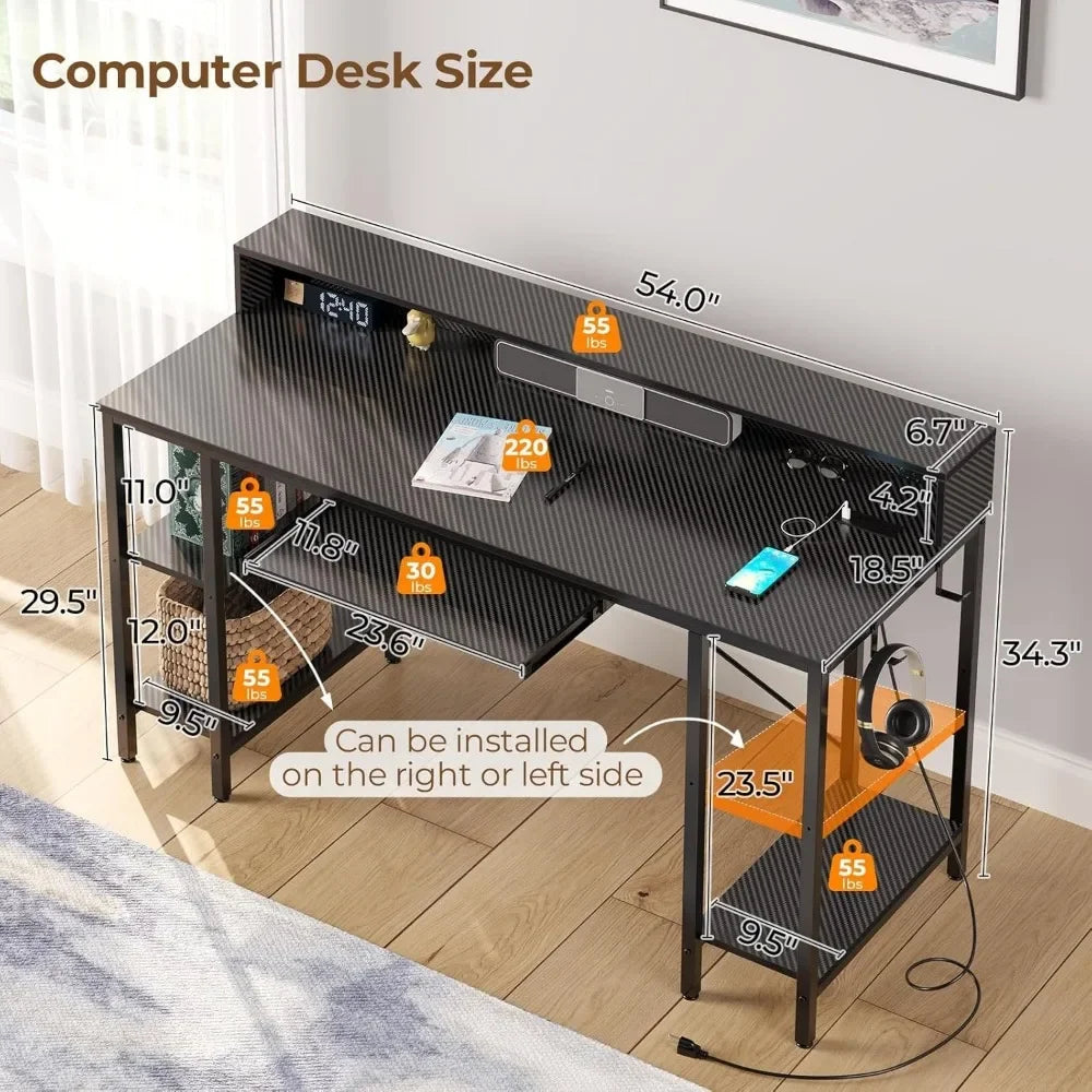 For Computer Desk with LED Lights & Power Outlets, 54” Gaming Desk with Storage Shelves, Home Office Desk with Keyboard Tray