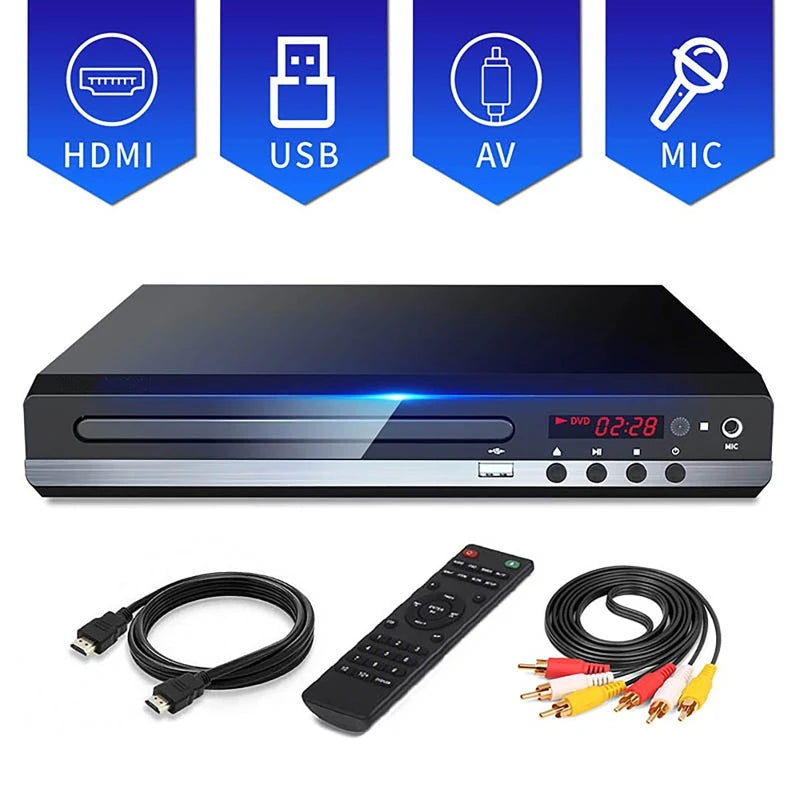 Full HD DVD Player + Remote Control 1080P High Definition CD/ EVD/ VCD Player with AV HDMI Output Microphone USB for Home TV KTV