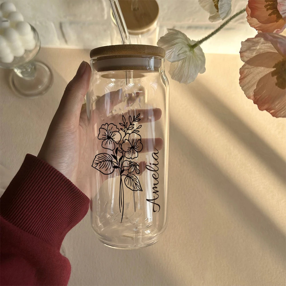 Personalized Wedding Gift Birth Flower Water Bottle Custom Can Glass with Lid and Straw Bridesmaid Proposal Gifts Mother's Day
