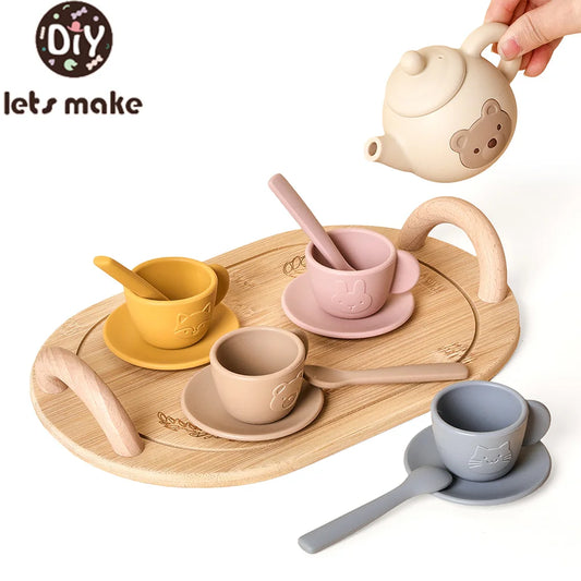 Kids Play House Toys Wooden Tea Set Pretend Make Tea Play With Teapot Teacup Afternoon Snack Role Playing Toys Boys Girls Gift