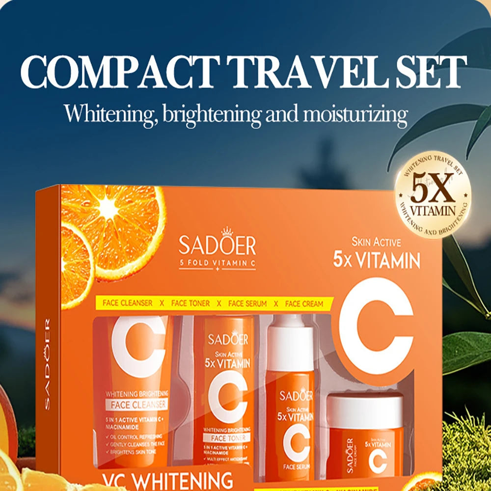 Sadoer Korean Skincare 5-Piece Set: Vitamin C Cleanser+Toner+Serum+Cream, Brightening & Moisturizing