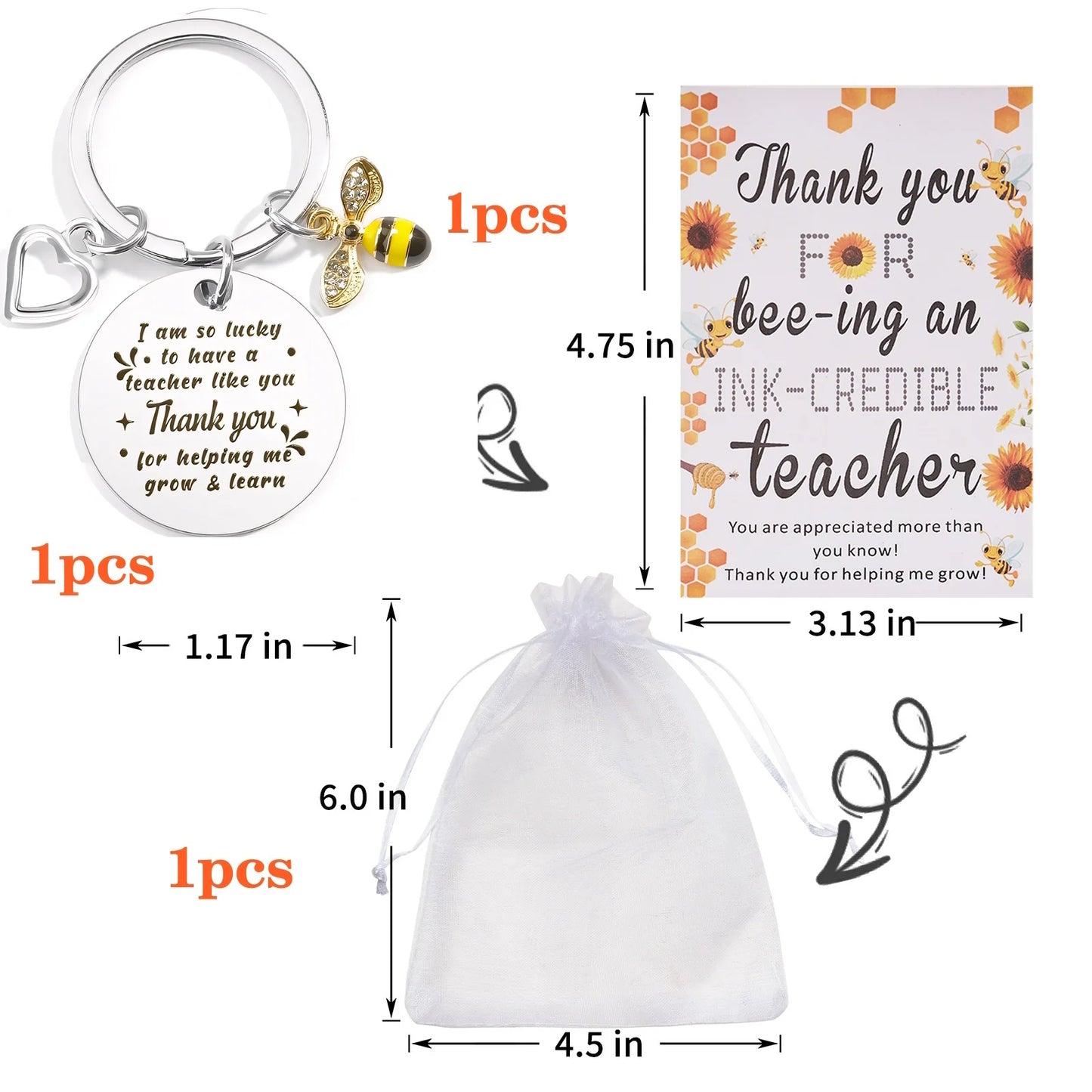 Personalized Teacher Gift Set – 4 Keychains + Cards + Organza Bags | Custom Thank You Gifts for Teacher’s Day or Graduation