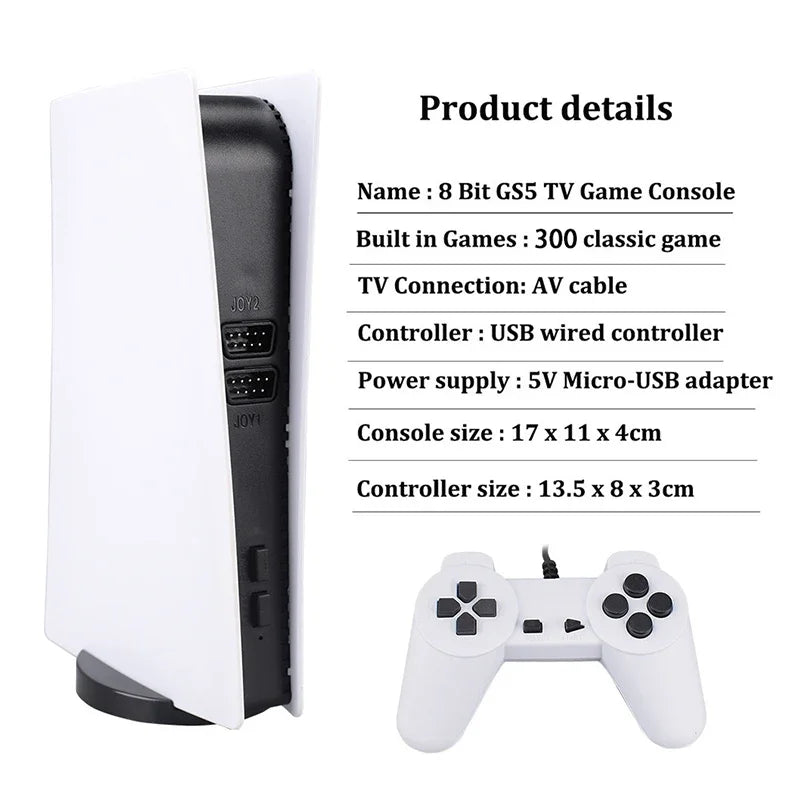 Retro GS5 Gaming Console – 300+ Classic Games, 2-Player USB Wired Controller, AV/HDMI TV Connection