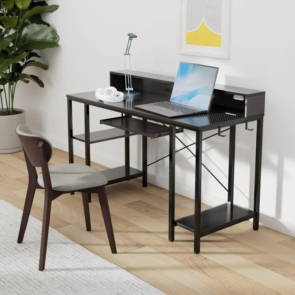 For Computer Desk with LED Lights & Power Outlets, 54” Gaming Desk with Storage Shelves, Home Office Desk with Keyboard Tray
