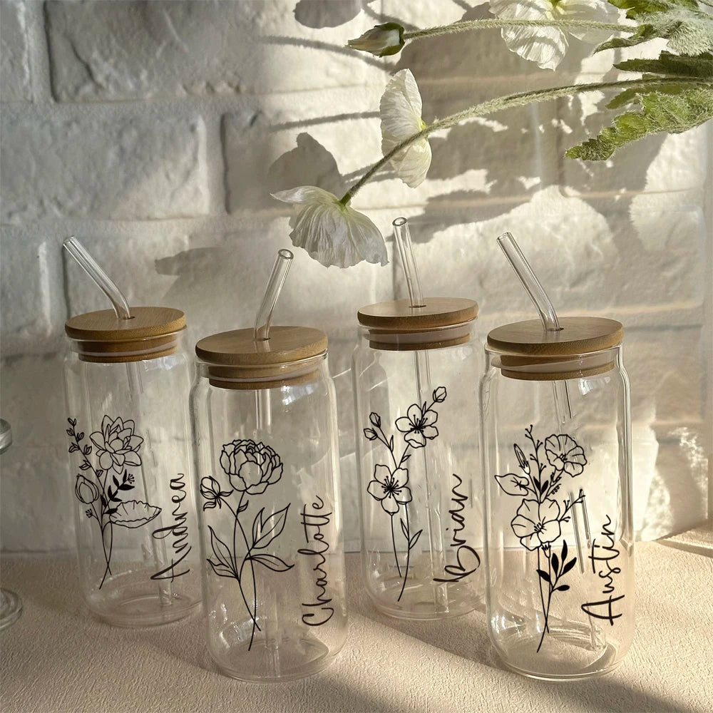 Personalized Wedding Gift Birth Flower Water Bottle Custom Can Glass with Lid and Straw Bridesmaid Proposal Gifts Mother's Day