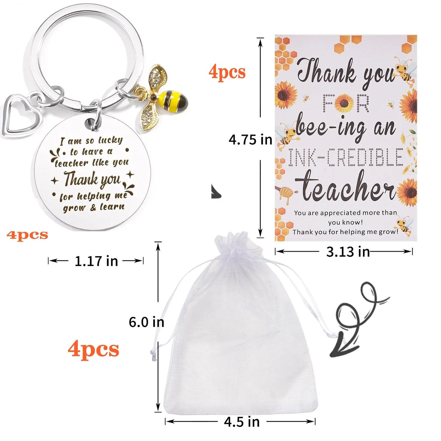 Personalized Teacher Gift Set – 4 Keychains + Cards + Organza Bags | Custom Thank You Gifts for Teacher’s Day or Graduation