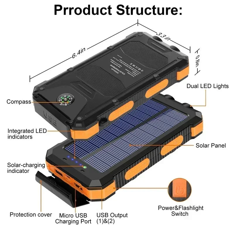 Solar Power Bank 30000mAh Portable Charging Poverbank External Battery Charger Strong Light LDE Light for huawei iphone xiaomi