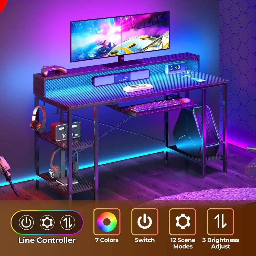 For Computer Desk with LED Lights & Power Outlets, 54” Gaming Desk with Storage Shelves, Home Office Desk with Keyboard Tray