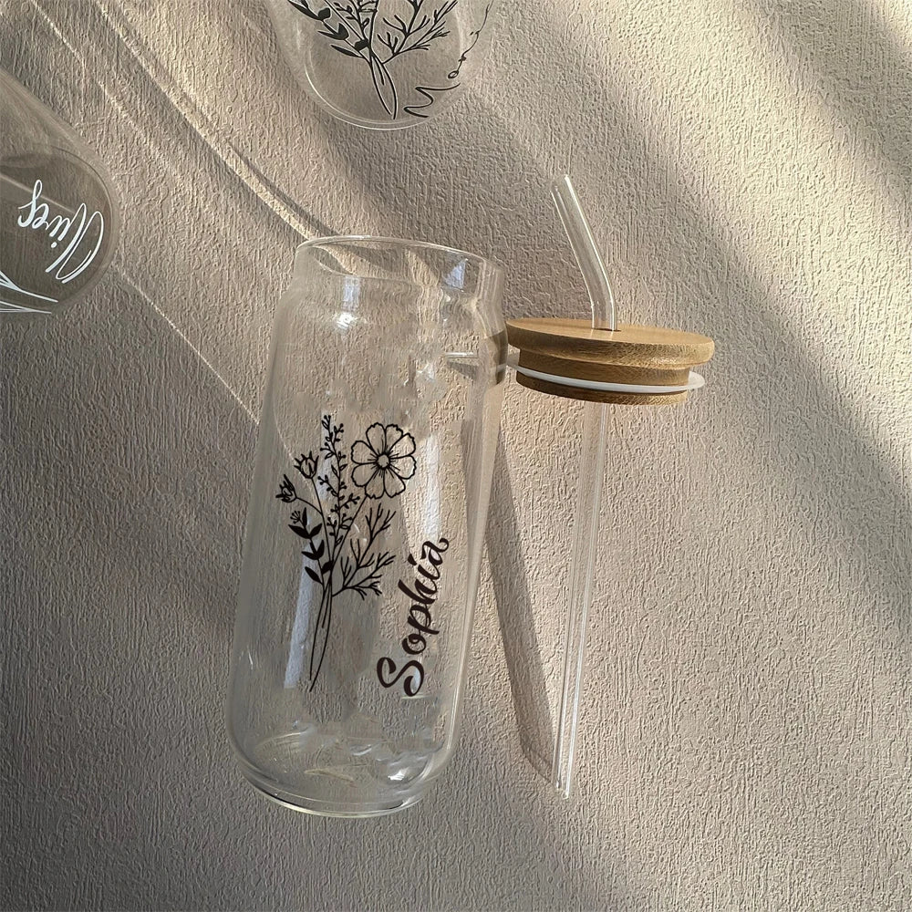 Personalized Wedding Gift Birth Flower Water Bottle Custom Can Glass with Lid and Straw Bridesmaid Proposal Gifts Mother's Day