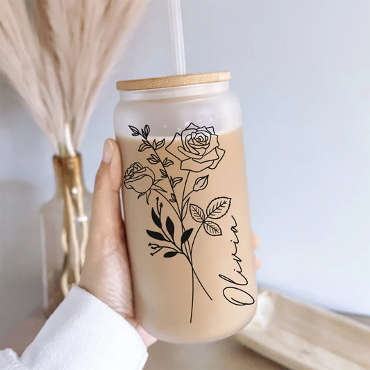 Personalized Wedding Gift Birth Flower Water Bottle Custom Can Glass with Lid and Straw Bridesmaid Proposal Gifts Mother's Day