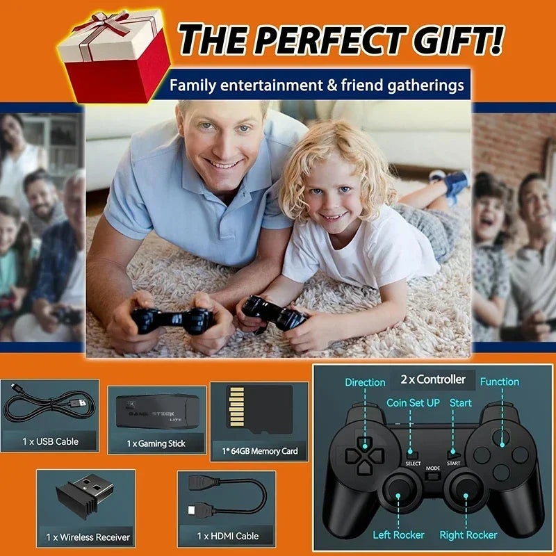 4K HD Retro Gaming Console 20000 Games 64GB 2.4G Wireless For GBA/FC/PS1/MD Portable TV Game Stick For Xmas Gift