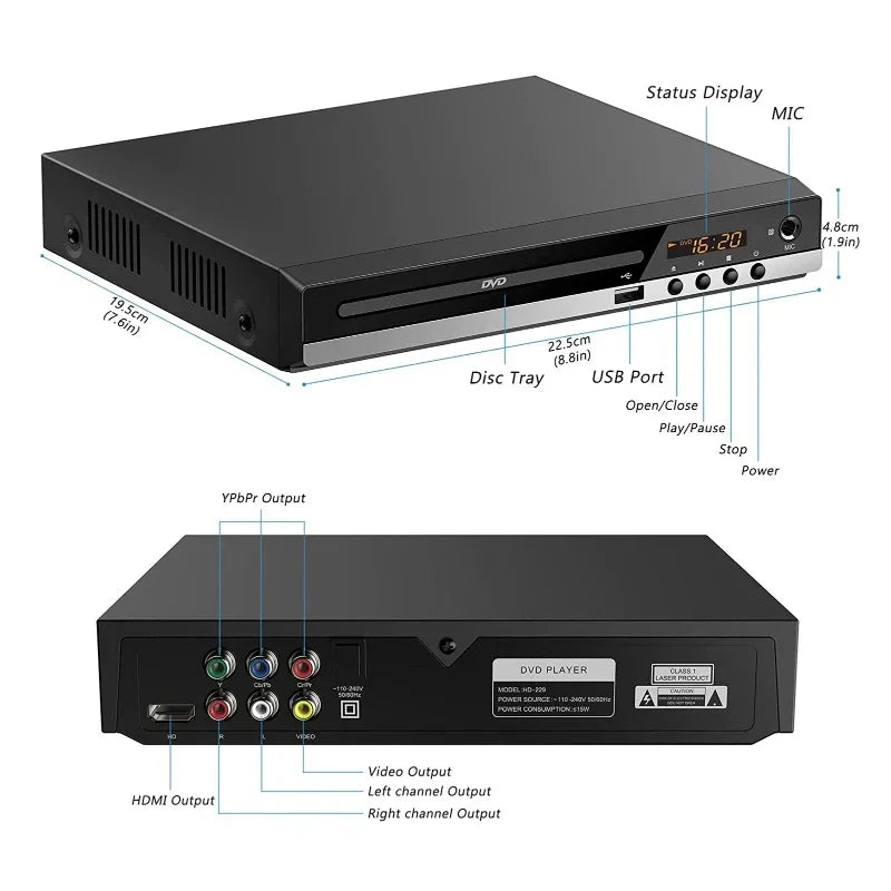 Full HD DVD Player + Remote Control 1080P High Definition CD/ EVD/ VCD Player with AV HDMI Output Microphone USB for Home TV KTV