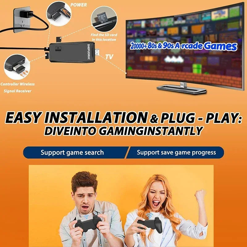 4K HD Retro Gaming Console 20000 Games 64GB 2.4G Wireless For GBA/FC/PS1/MD Portable TV Game Stick For Xmas Gift
