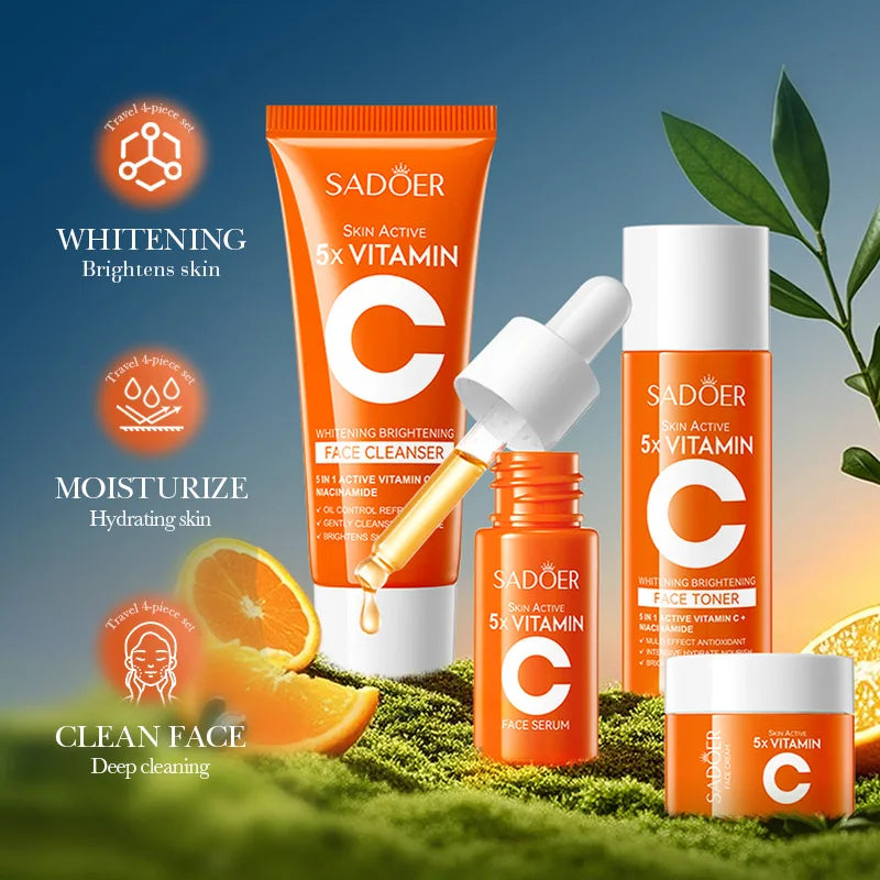 Sadoer Korean Skincare 5-Piece Set: Vitamin C Cleanser+Toner+Serum+Cream, Brightening & Moisturizing