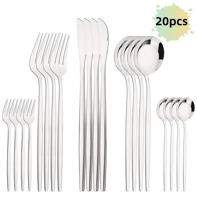 ABKW-Kitchen Tableware Silverware 20Pcs Silver Dinnerware Set Stainless Steel Dinner Cutlery Set Steak Knife Fruit Fork Spoon