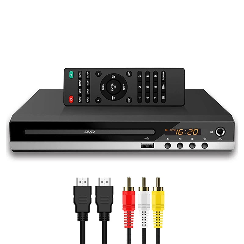 Full HD DVD Player + Remote Control 1080P High Definition CD/ EVD/ VCD Player with AV HDMI Output Microphone USB for Home TV KTV