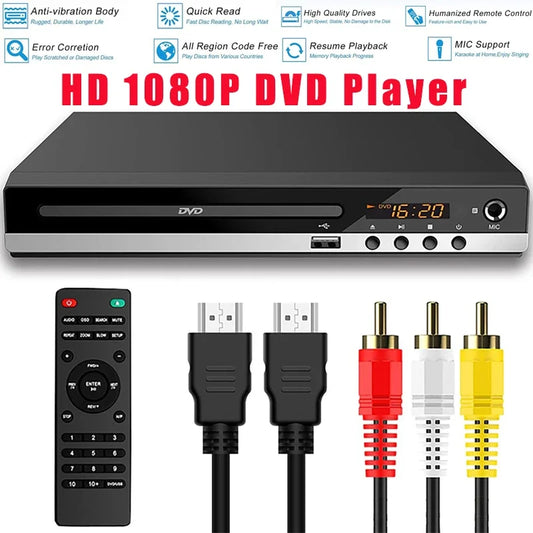 Full HD DVD Player + Remote Control 1080P High Definition CD/ EVD/ VCD Player with AV HDMI Output Microphone USB for Home TV KTV