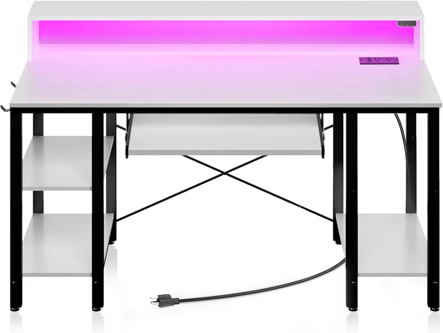For Computer Desk with LED Lights & Power Outlets, 54” Gaming Desk with Storage Shelves, Home Office Desk with Keyboard Tray
