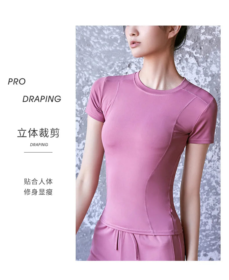 Fitness Sports T-shirt Women Solid Color V Neck Short Sleeve Moisture Wicking Athletic Shirts Top Ladies Sport Activewear Top