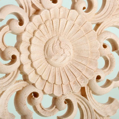 10cm Round Flower Wood Carving Decal Unpainted Disc Onlay Decor Door Furniture Symmetrical European Court Exquisite Single-sided