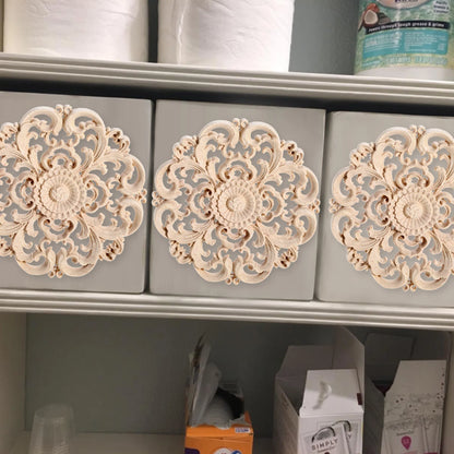 10cm Round Flower Wood Carving Decal Unpainted Disc Onlay Decor Door Furniture Symmetrical European Court Exquisite Single-sided