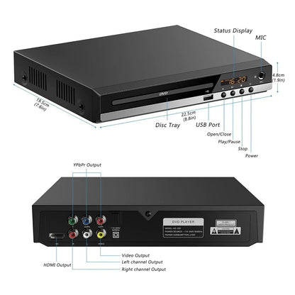 Full HD DVD Player + Remote Control 1080P High Definition CD/ EVD/ VCD Player with AV HDMI Output Microphone USB for Home TV KTV