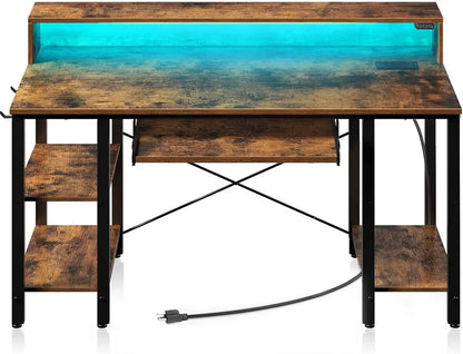 For Computer Desk with LED Lights & Power Outlets, 54” Gaming Desk with Storage Shelves, Home Office Desk with Keyboard Tray