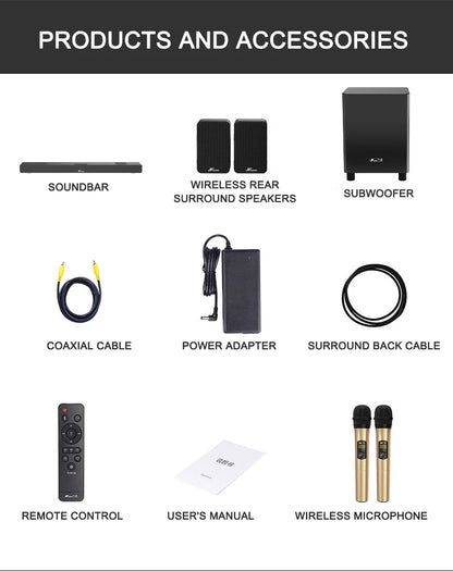 Home Theater System 7.2 Surround Sound Wireless Soundbar with Wireless Subwoofer and Remote Control