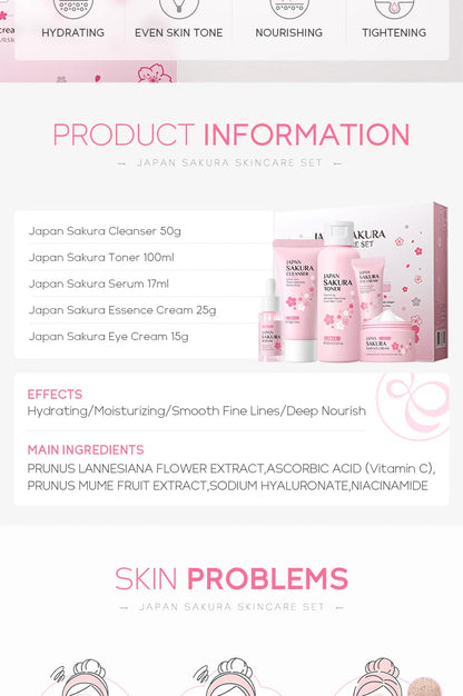 Face Skin Care Set Cleanser Sakura Essence Cream Moisturizing Toner Eye Cream Face Serum Improve Roughness & Dryness Skin Care