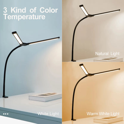Home Office LED Desk Lamp Double Head Stepless Dimming Eye-Caring Reading Lights 3 Color Mode Flexible Adjustable PC Table Lamps