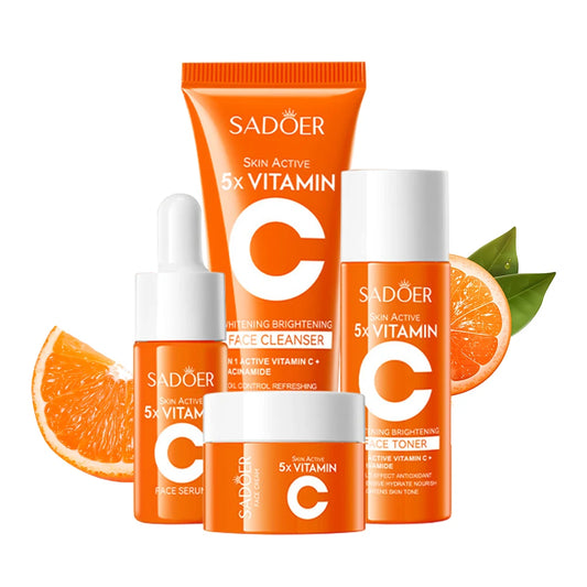 Sadoer Korean Skincare 5-Piece Set: Vitamin C Cleanser+Toner+Serum+Cream, Brightening & Moisturizing