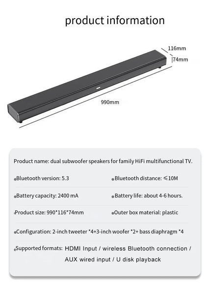 Home Theater Echo Wall TV Speaker 99cm Long With Dual Bass Speaker Cinema Bluetooth Speaker Multifunctional 9D Surround Speaker