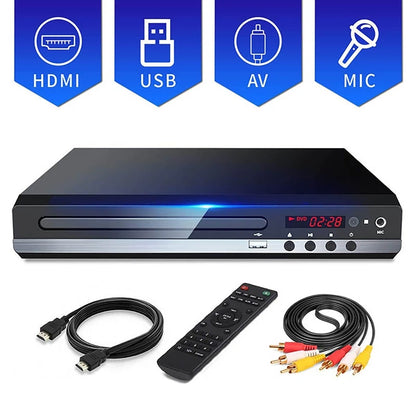 Full HD DVD Player + Remote Control 1080P High Definition CD/ EVD/ VCD Player with AV HDMI Output Microphone USB for Home TV KTV