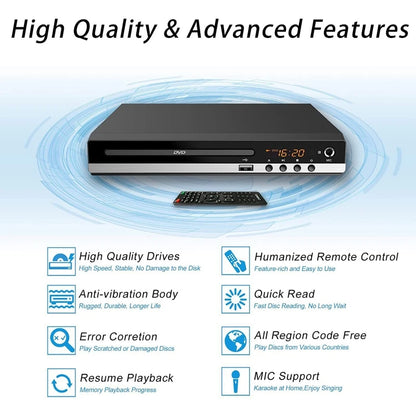 Full HD DVD Player + Remote Control 1080P High Definition CD/ EVD/ VCD Player with AV HDMI Output Microphone USB for Home TV KTV