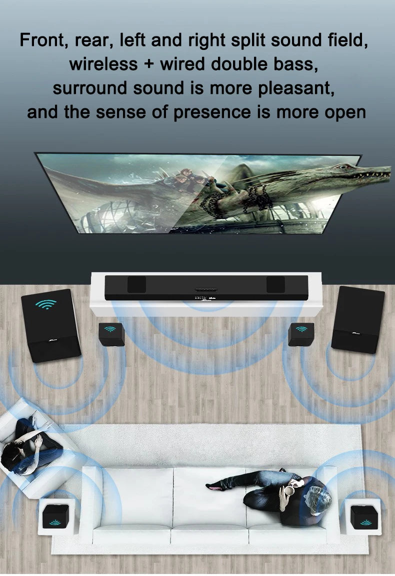 Home Theater System 7.2 Surround Sound Wireless Soundbar with Wireless Subwoofer and Remote Control