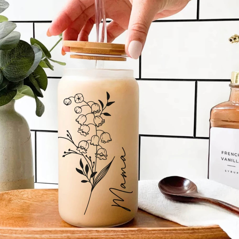 Personalized Wedding Gift Birth Flower Water Bottle Custom Can Glass with Lid and Straw Bridesmaid Proposal Gifts Mother's Day