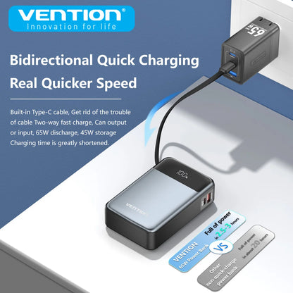 Vention Power Bank 20000mAh 65W PD Fast Charger with Built-in Type-C Cable External Spare Battery Portable Power Bank for Laptop